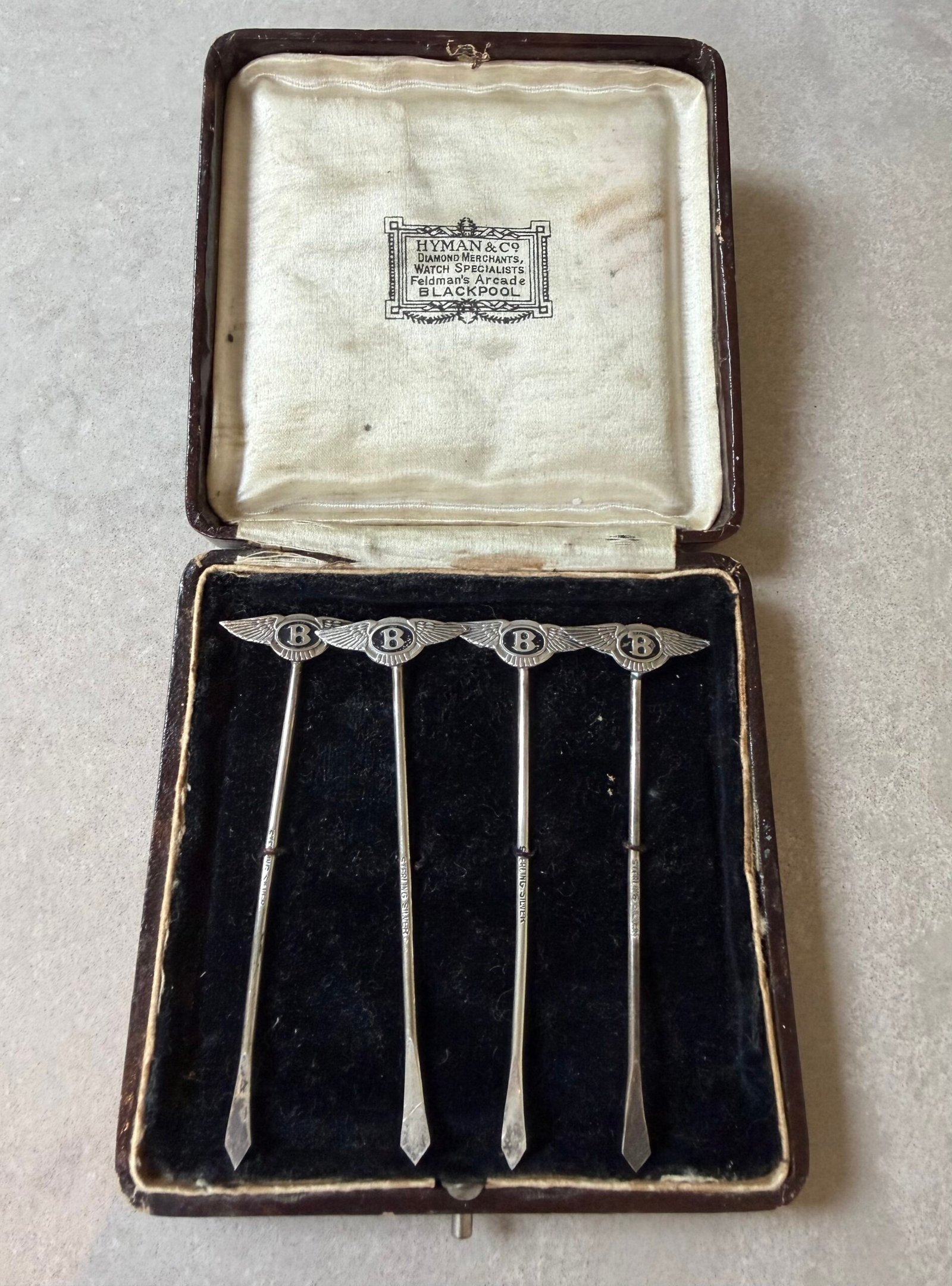 Rare 1930 Bentley Winged ‘B’ Sterling Silver Cocktail Picks set of 4 – original Bentley boys